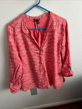 NIC+ZOE Coral-Pink 100% Linen V-Neck Roll-Sleeve Blouse